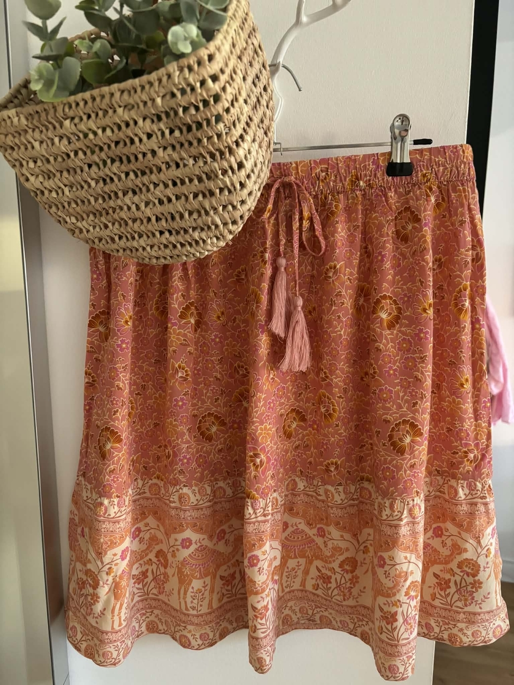 ESQUALO Pink Floral Border Tassel A-Line Skirt